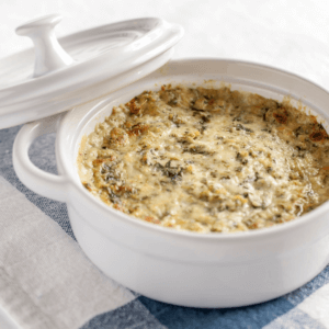 spinach and artichoke dip in crock